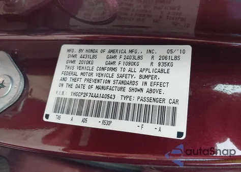 2010 Honda Accord 2.4 Ex z USA, uszkodzony, nr VIN 1HGCP2F74AA140543